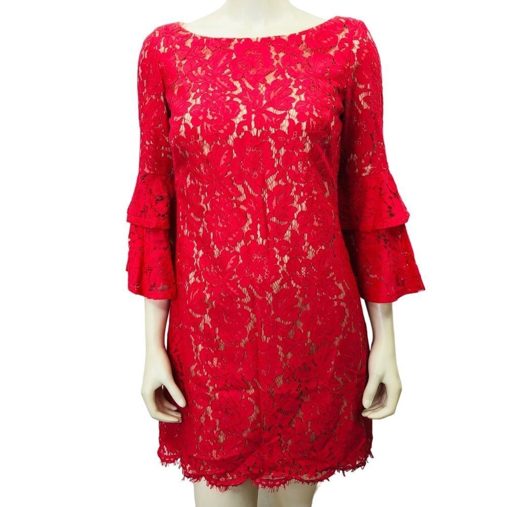 ELIZA J LACE RUFFLE TIERED BELL SLEEVE DRESS SIZE 4‎